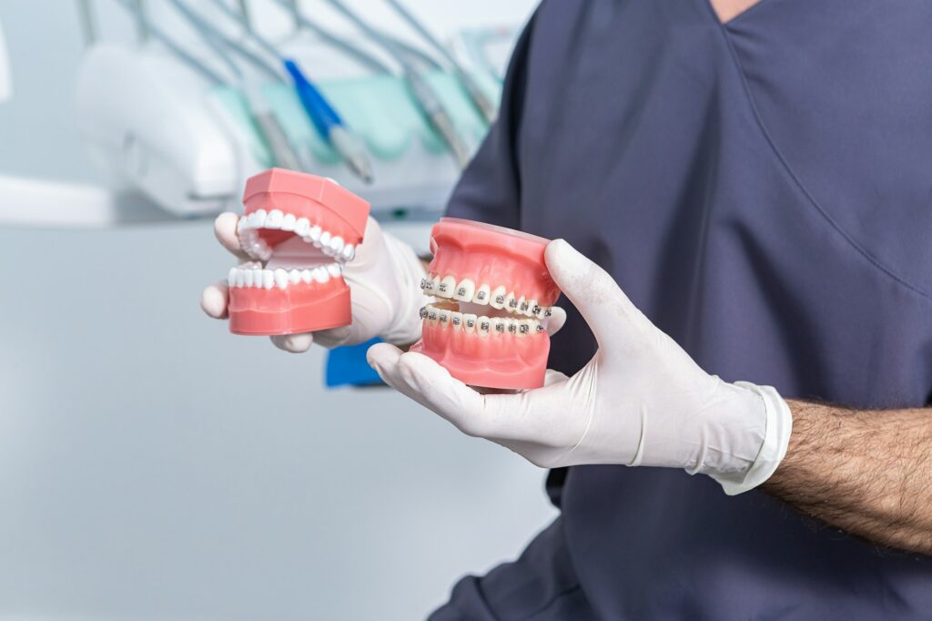 Crop anonymous stomatologist with dentures sitting in clinic