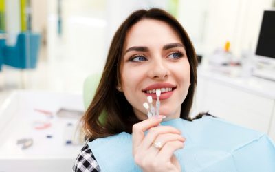 Girl chooses color of veneers at the dentist office